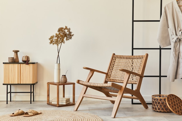 Elegante diseño interior de sala de estar con sillón de ratán de madera, mesa de café, muebles, decoración, cómoda y elegantes accesorios personales.