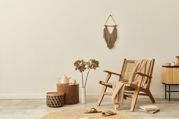 Elegante diseño interior de salón con sillón de madera, mesa de café, muebles, decoración de ratán, flores secas y elegantes accesorios personales. Copie el espacio pared blanca.