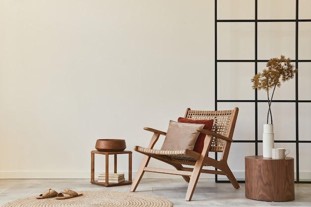 Elegante diseño interior de salón con sillón de madera, mesa de café, muebles, decoración de ratán, flores secas y elegantes accesorios personales. Copie la pared blanca del espacio. Plantilla.