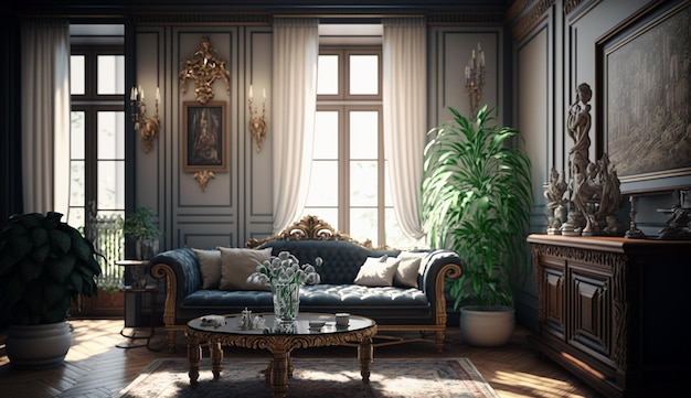 Elegante diseño interior tradicional de la sala de estar del hogar Imagen generada por IA