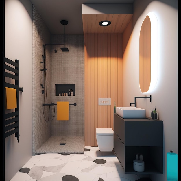 Elegante diseño de interiores de baño minimalista Toallas de baño y otros accesorios de baño personales