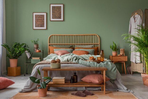 Elegante diseño de interiores de dormitorio con marco de afiche simulado, cama de bambú, mesa de noche, plantas, pantalla plegable y accesorios creativos para el hogar, plantilla de pared de eucalipto, espacio de copia