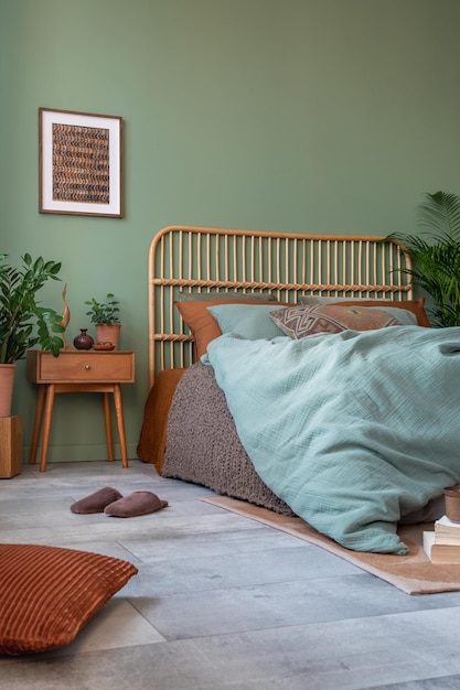 Elegante diseño de interiores de dormitorio con marco de afiche simulado, cama de bambú, mesita de noche, plantas y accesorios creativos para el hogar, pared de eucalipto, plantilla de puesta en escena del hogar, espacio de copia