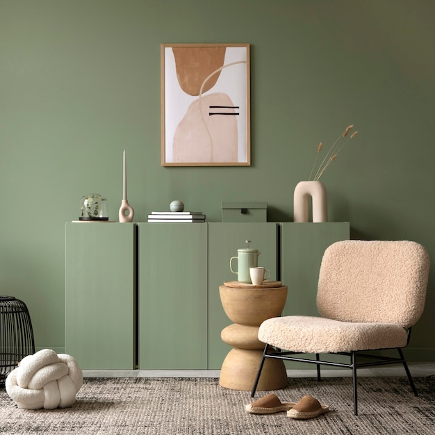 Elegante diseño de interiores de sala de estar con marco de póster simulado, sillón frote, cómoda de madera, mesa auxiliar, plantas y accesorios creativos para el hogar, pared verde salvia, puesta en escena del hogar, espacio de copia de plantilla