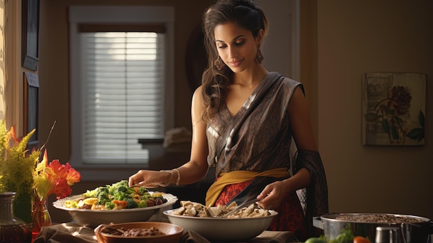 Elegante dona de casa indiana do sul da Ásia em cozinha limpa, graça doméstica e maestria culinária