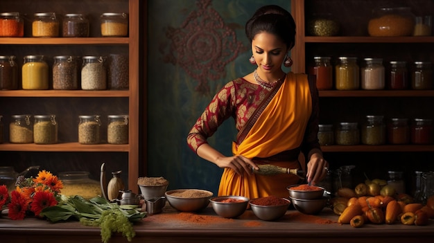 Elegante dona de casa indiana do sul da Ásia em cozinha limpa, graça doméstica e maestria culinária