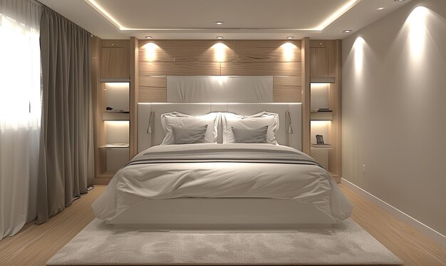 Elegante dormitorio moderno con una cama bien hecha iluminación suave y acentos de madera Generar IA