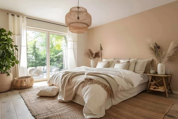 Elegante dormitorio sueco en colores pastel con luz natural