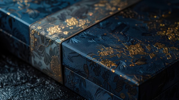 Elegante dunkelblaue Geschenkkiste mit Gold Satinband CloseUp auf dunklem Hintergrund Luxus-Geburtstagspresent