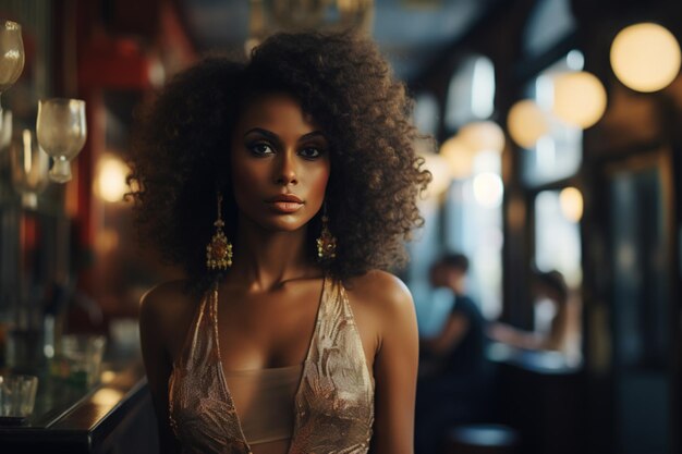 Elegante e glamourosa mulher afro-americana em vestido de noite posando em um restaurante