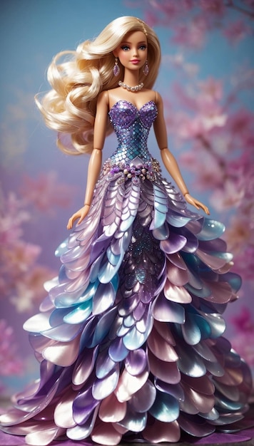 Elegante e linda boneca Barbie sereia com cauda iridescente em meio a um fundo aquático de peixes