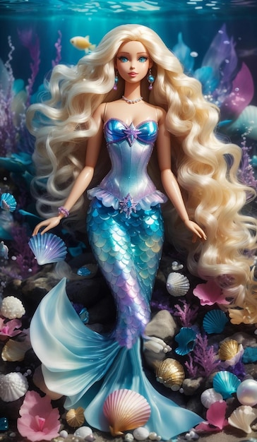 Elegante e linda boneca Barbie sereia com cauda iridescente em meio a um fundo aquático de peixes