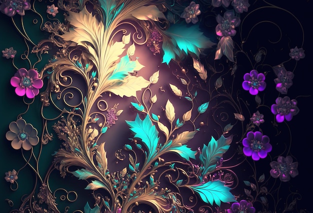 Elegante e luxuoso ornamento de flores e folhas de ouro roxo e verde padrão floral abstrato fundo de jóias renderização 3D gerada por IA