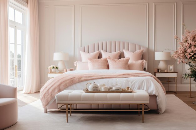 Elegante e sereno um interior de quarto de sonho imerso num delicado esquema de cores cor-de-rosa