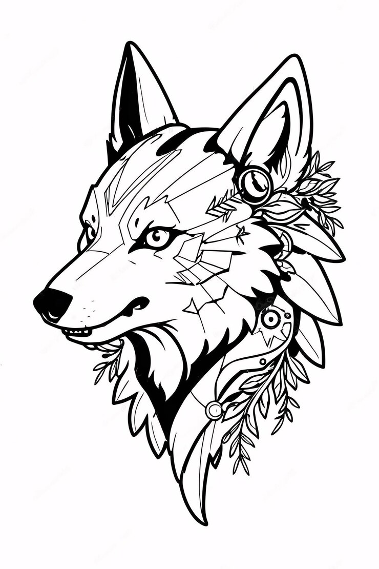 Foto elegante e simples black and white wolf line art ilustração logo design ideia design de arte tribal