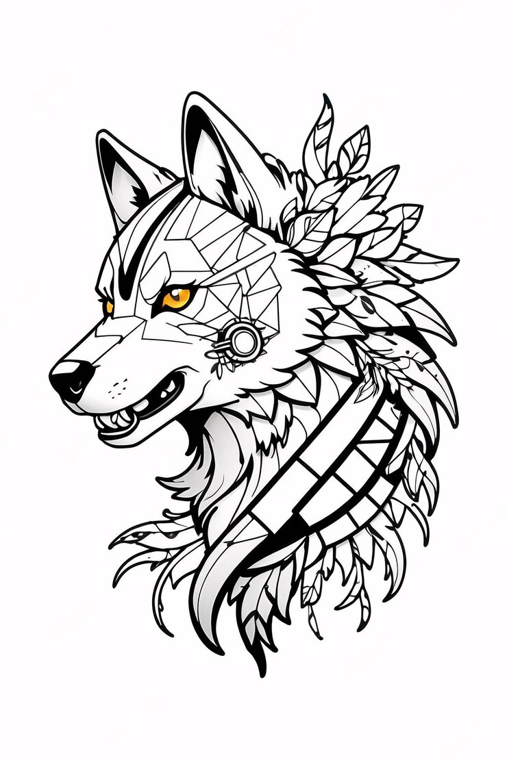 Foto elegante e simples black and white wolf line art ilustração logo design ideia design de arte tribal