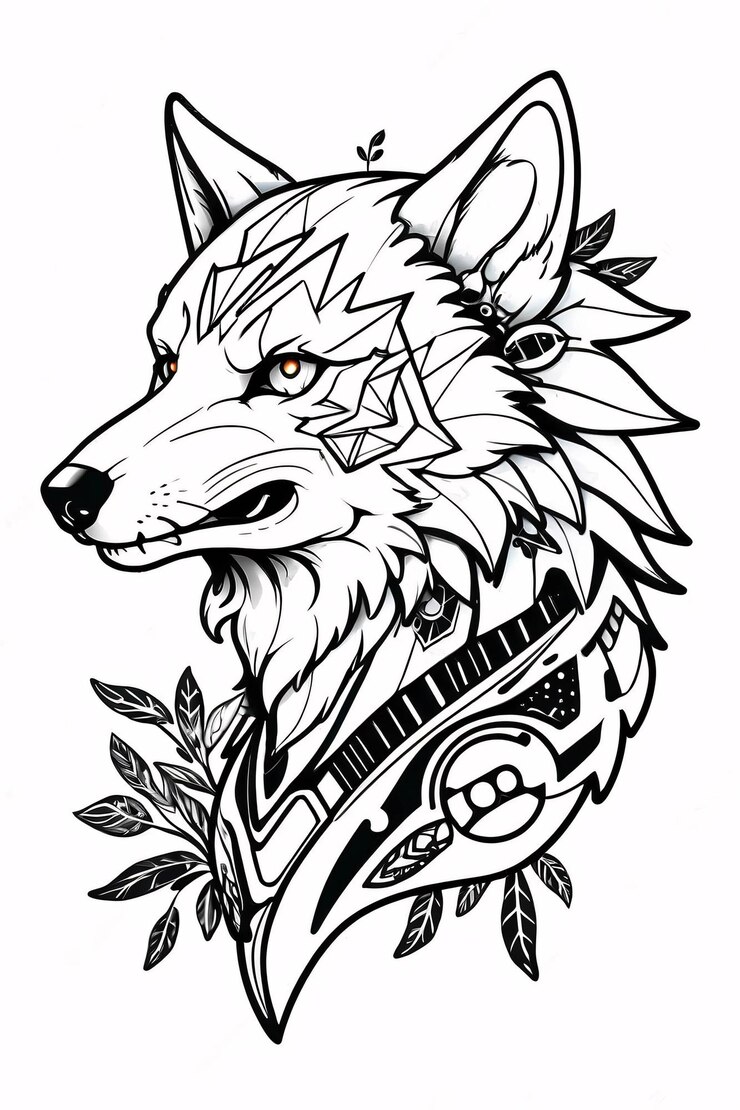 Foto elegante e simples black and white wolf line art ilustração logo design ideia design de arte tribal