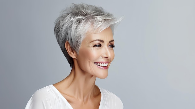 Foto elegante e sorridente mulher chique idosa com cabelos grisalhos e corte de cabelo curto em um banner de fundo branco