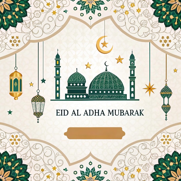 Elegante Eid Al Adha-Feier Illustration mit Moschee-Lampen und Halbmond-Hintergrund