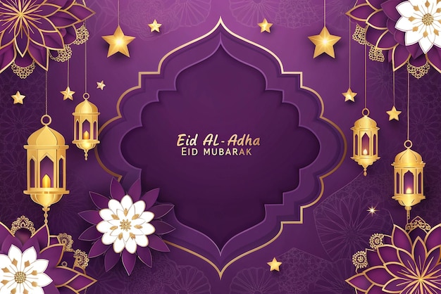 Elegante Eid AlAdha-Grüßkarte mit Laternen, Blumen und Sternen