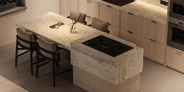 Elegante y elegante interior de cocina bohemia con materiales naturales, gabinete de madera, encimera de piedra y co