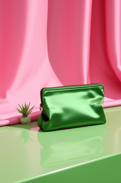 El elegante embrague femenino en una mesa en un entorno glamuroso de paleta rosa y verde