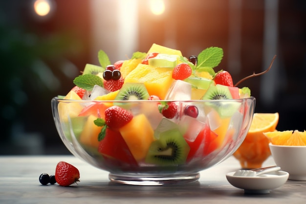 Una elegante ensalada de frutas con una mezcla de frutas exóticas