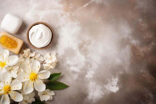 Foto elegante entorno de relajación de spa con flores blancas perfume de aceite de aromaterapia y una vela brillante que hace hincapié en el bienestar de lujo y la tranquilidad