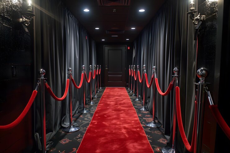 Elegante entrada de alfombra roja con cuerdas de terciopelo y iluminación tenue