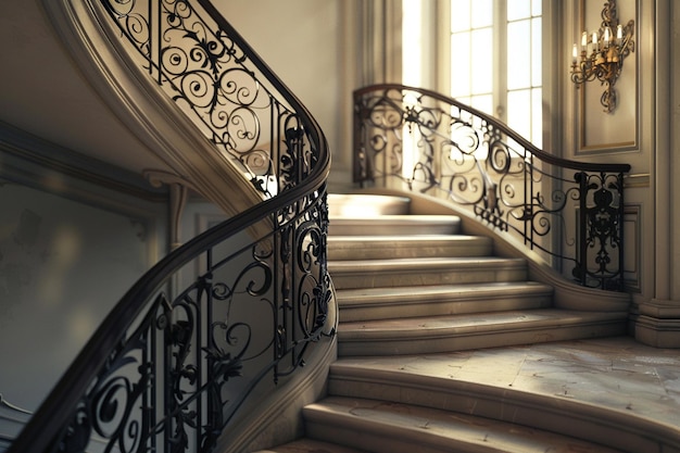 Foto elegante escalera con barandillas de hierro forjado