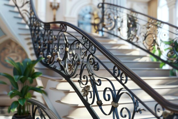 Foto elegante escalera con barandillas de hierro forjado