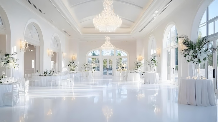 Elegante escena de la fiesta de bodas con candelabros y decoración floral
