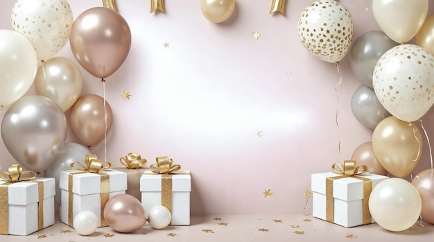 Elegante escena de fiesta con globos y regalos