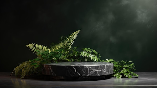 Una elegante escena de presentación de productos con un podio de piedra de mármol con fondo oscuro y hojas verdes naturales