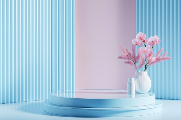 Elegante escenario en color pastel con orquídeas rosas y un suave telón de fondo azul para la exhibición de productos
