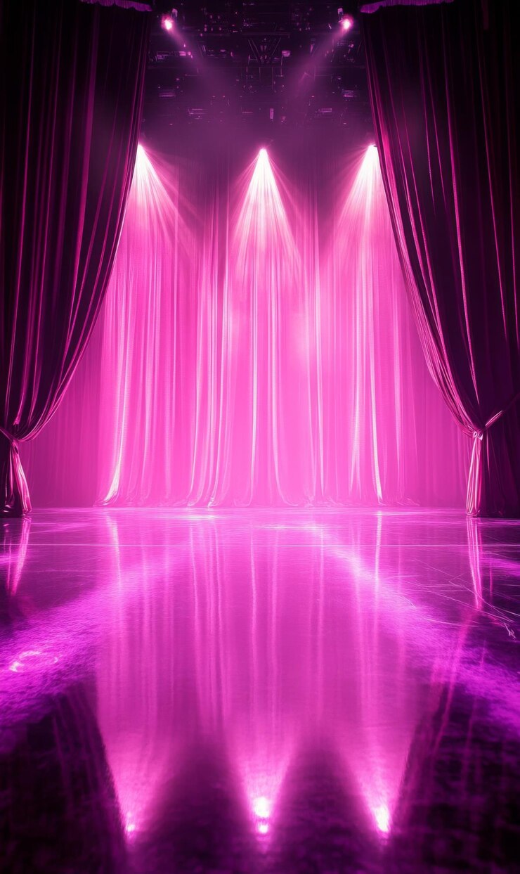 un elegante escenario con iluminación teatral en tonos rosados y púrpuras un ambiente brumoso que cubre el piso brillante cortinas de terciopelo que mejoran el estado de ánimo dramático