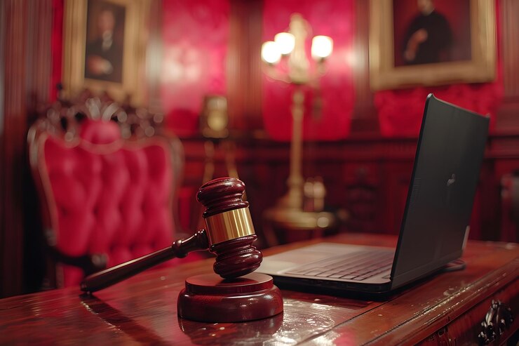 Elegante escenario de la sala de juicio con martillo y portátil