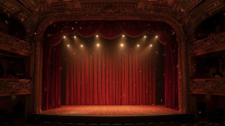 Elegante escenario de teatro con cortinas rojas y acentos dorados