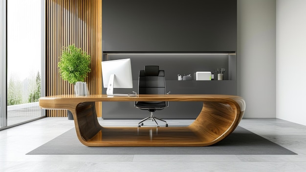 Un elegante escritorio de oficina minimalista con un acabado de madera pulida que simboliza el profesionalismo