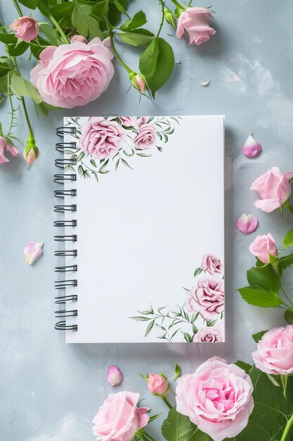 Un elegante escritorio plano con un cuaderno con un diseño de esquina floral rodeado de exuberantes rosas rosadas