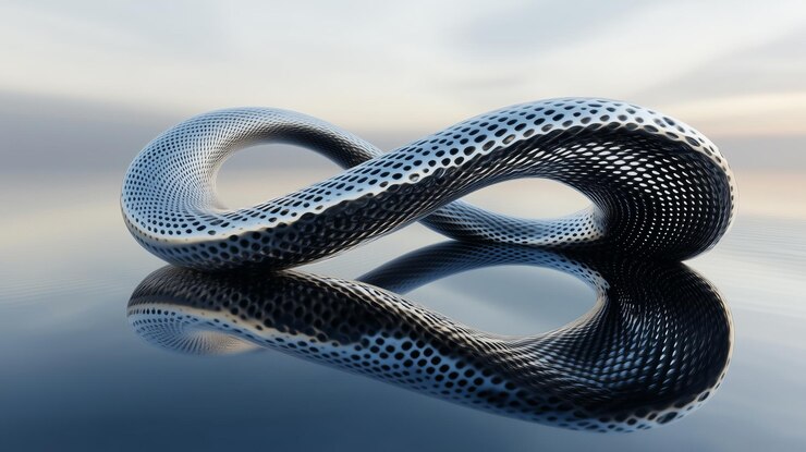 Foto una elegante escultura de bucle infinito se refleja en el agua tranquila contra un cielo sereno durante el crepúsculo
