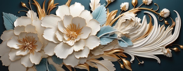 Elegante escultura floral de creme em arte de parede de mármore ondulado