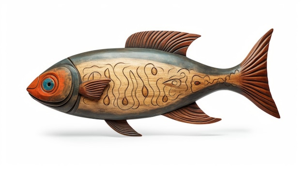 Elegante escultura de pez de madera tallada con diseños intrincados