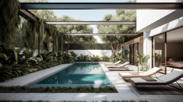 Un elegante espacio al aire libre con tumbonas minimalistas junto a la piscina y paisajes escultóricos generados por IA