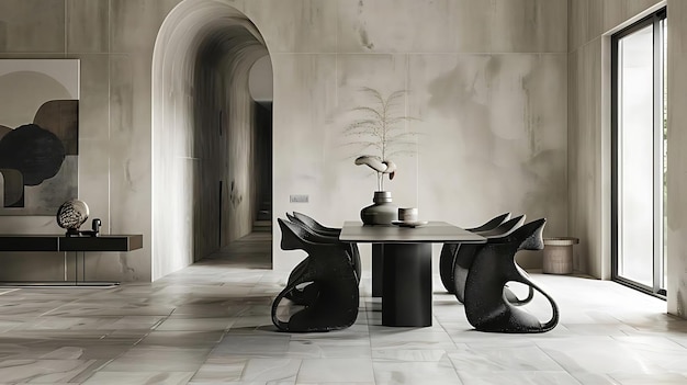 elegante espacio de comedor con sillas de comedor escultóricas y mesa con un jarrón negro en una pestaña negra