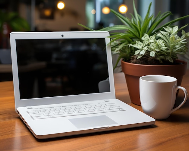 Un elegante espacio de trabajo con una taza de café encaramado en una computadora portátil imagen de reunión de negocios profesional