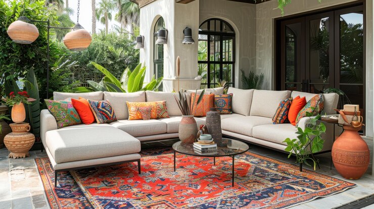 Elegante espacio de vida al aire libre con un gran sofá, almohadas vibrantes y plantas decorativas