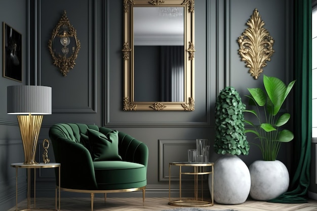 Con un elegante espejo dorado, mesas retro, lámparas de diseño y un elegante sillón verde, la sala de estar de este apartamento es elegante y opulenta.