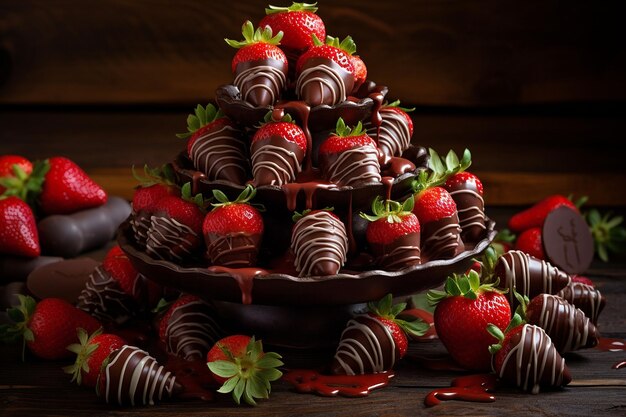 Foto elegante exhibición de fresas cubiertas de chocolate dispuestas en un cono