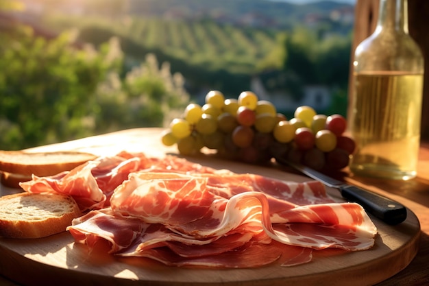 Elegante exhibición de prosciutto con un viñedo toscano suavemente borroso en el fondo